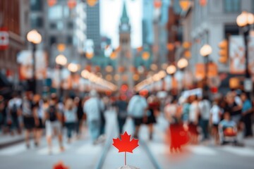 Obraz premium Canada flag on the background of the city. National symbol. Red maple leaf. Patriotic sign. Canada Day, national holiday. Poster, banner