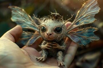 A tiny animal is being gently held in the hand of a person, showcasing its small size and delicate features, A tiny, enchanting creature that captivates the eye