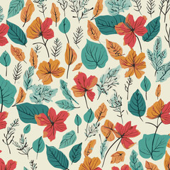 A seamless floral pattern with a variety of stylized flowers and leaves