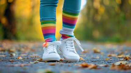 Child wearing pair of socks and white sneakers outdoors. Kid foots in mismatched socks. Odd Socks day, Anti-Bullying Week, Down syndrome awareness concept