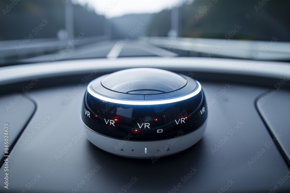 Poster close-up of a futuristic vr headset on a car dashboard, representing advanced virtual reality techno