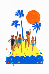 Poster. Contemporary art collage. Happy kids in swimsuits and goggles joyfully jump on vivid yellow beach with blue ocean waves. Concept of beach holidays, tourism, childhood, summertime. Ad