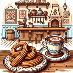 Traditional Spanish Churros with Hot Chocolate in a Cozy Rustic Cafe