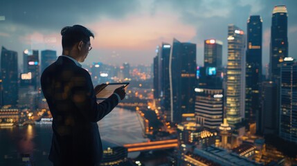 A picturesque shot of a businessperson using a tablet with a city skyline in the background, symbolizing connectivity and modern business practices