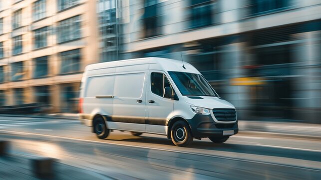 White delivery van driving through an urban cityscape. The photo captures the vehicle in motion, conveying speed and efficiency. Ideal for urban transportation themes, logistics