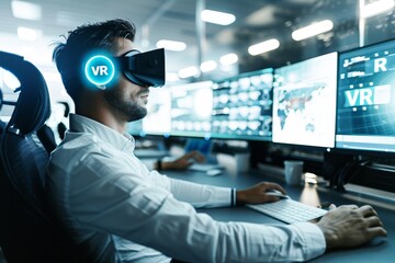 Man using VR headset in a high-tech workspace, exploring virtual reality applications for professional tasks.
