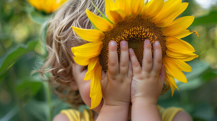 Closeup of little girl hiding her face behind sunflower. Invisible disability concept