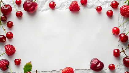 Various fresh summer berries around paper on white wooden table. Top view