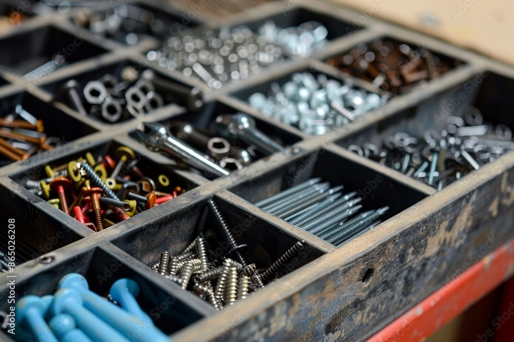 Poster a drawer filled with various screws and nails neatly arranged in a toolbox organizer, a toolbox orga