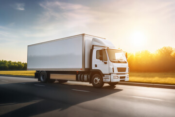 A white truck is driving on the road against the background of a summer landscape