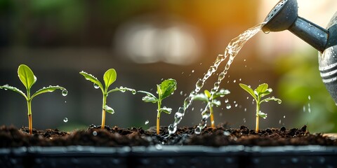 Entrepreneur uses watering can on seedlings symbolizing growth mindset and selfimprovement. Concept Entrepreneurship, Growth Mindset, Self-improvement, Business Growth, Seedlings