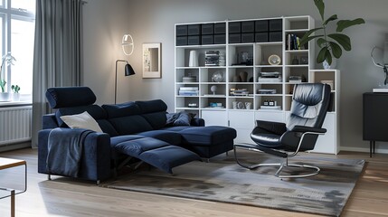 A Scandinavian living room with a dark blue sofa, a recliner chair, and a sleek, white modular shelving unit, showcasing simplicity