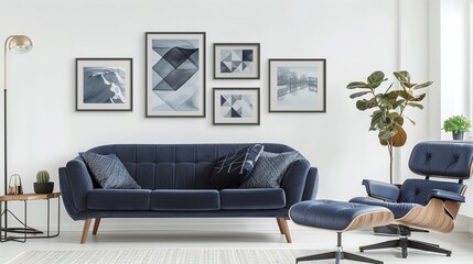 A Scandinavian living room with a dark blue sofa, a recliner chair, and a series of minimalist, framed geometric prints