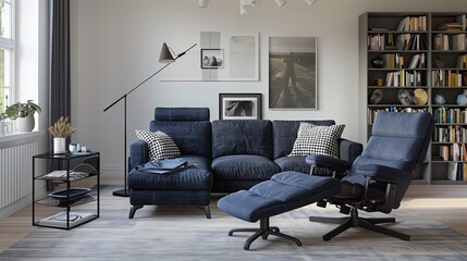 A Scandinavian living room with a dark blue sofa, a recliner chair, and a collection of Scandinavian design books on a modern bookstand
