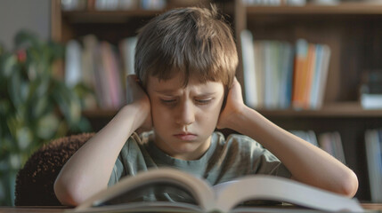 Concentrated child finishing his homework at home. The boy struggling to read a book. Education, school, learning disability, reading difficulties, dyslexia concept