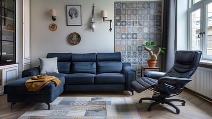 A Scandinavian living room with a dark blue sofa, a recliner chair, and a set of unique, hand-painted ceramic tiles
