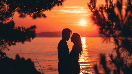 Fototapeta premium Couple in deep love shown by silhouette at sunset