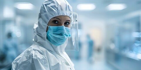 Worker in a biotech cleanroom facility wearing protective gear. Concept Biotech Cleanroom, Protective Gear, Worker Safety, Facility Operations, Lab Equipment