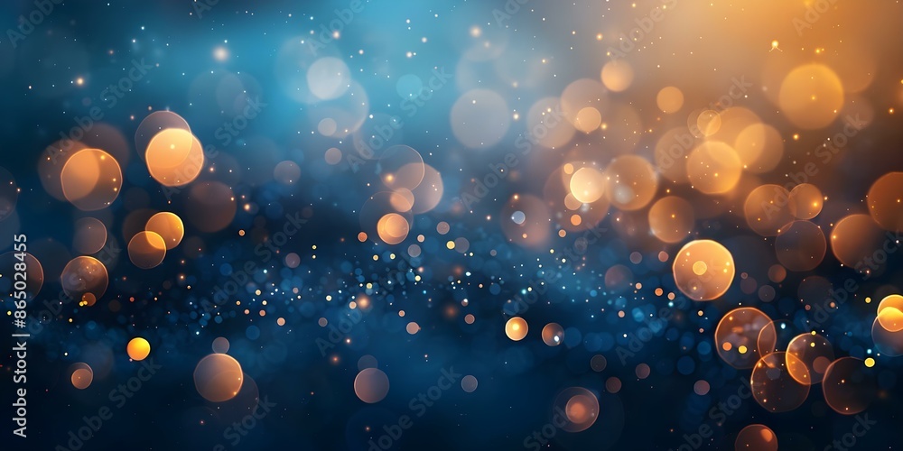 Poster glowing lights in bokeh against deep blue twilight background with soft blurred orbs. concept twilig
