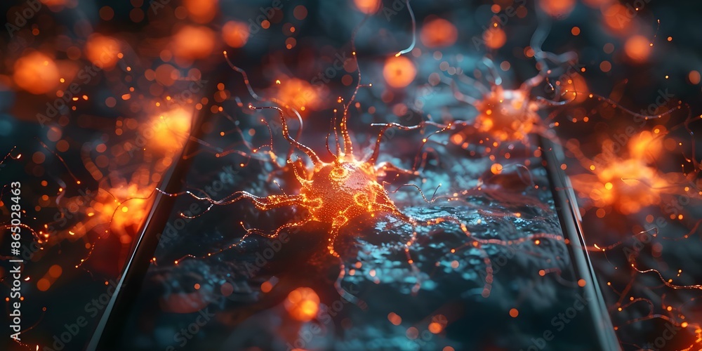 Aufkleber 3d rendering of glowing neuron cells on mobile phone in biology network concept. concept 3d renderin