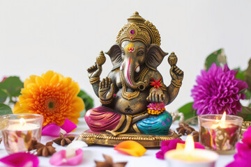 Fototapeta premium Colorful lord ganesha sclupture with lights and bokeh background