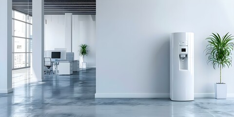 Modern white office water cooler in a minimalist sleek design for refreshment. Concept Office Design, Minimalist Decor, Modern Office Essentials, Workplace Refreshments, Sleek Water Cooler