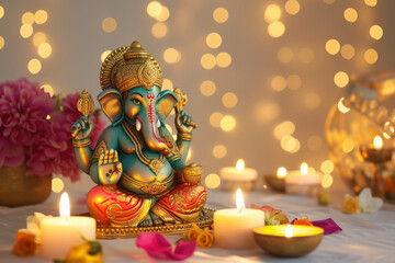Obraz premium Colorful lord ganesha sclupture with lights and bokeh background