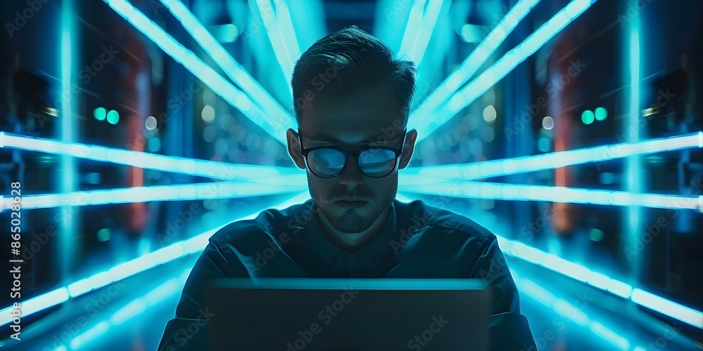 Poster visionary tech expert uses laptop in futuristic data center for streamlined digitalization. concept 