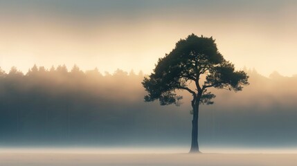 solitary tree standing against a foggy forest backdrop, with soft, diffused light filtering through the mist.