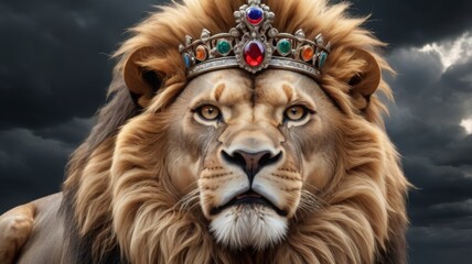 Naklejka premium A realistic depiction of an angry lion wearing a majestic crown.