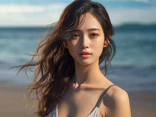 Naklejka premium Beautiful Asian Woman on a Beach with Windblown Hair 