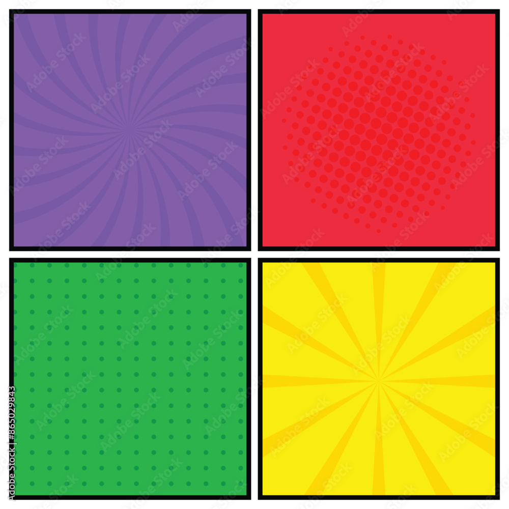 Fototapete comic book page background in pop-art style with halftone effects and speed lines. vector comics bac