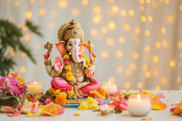 Colorful lord ganesha sclupture with lights and bokeh background