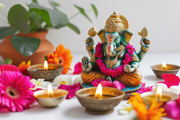 Colorful lord ganesha sclupture with lights and bokeh background
