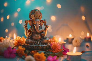 Colorful lord ganesha sclupture with lights and bokeh background