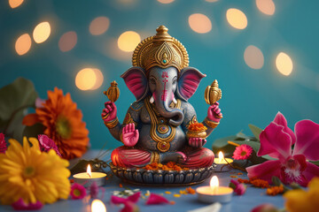 Fototapeta premium Colorful lord ganesha sclupture with lights and bokeh background