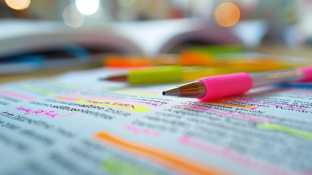 Close-up of a document with highlighted text and annotations