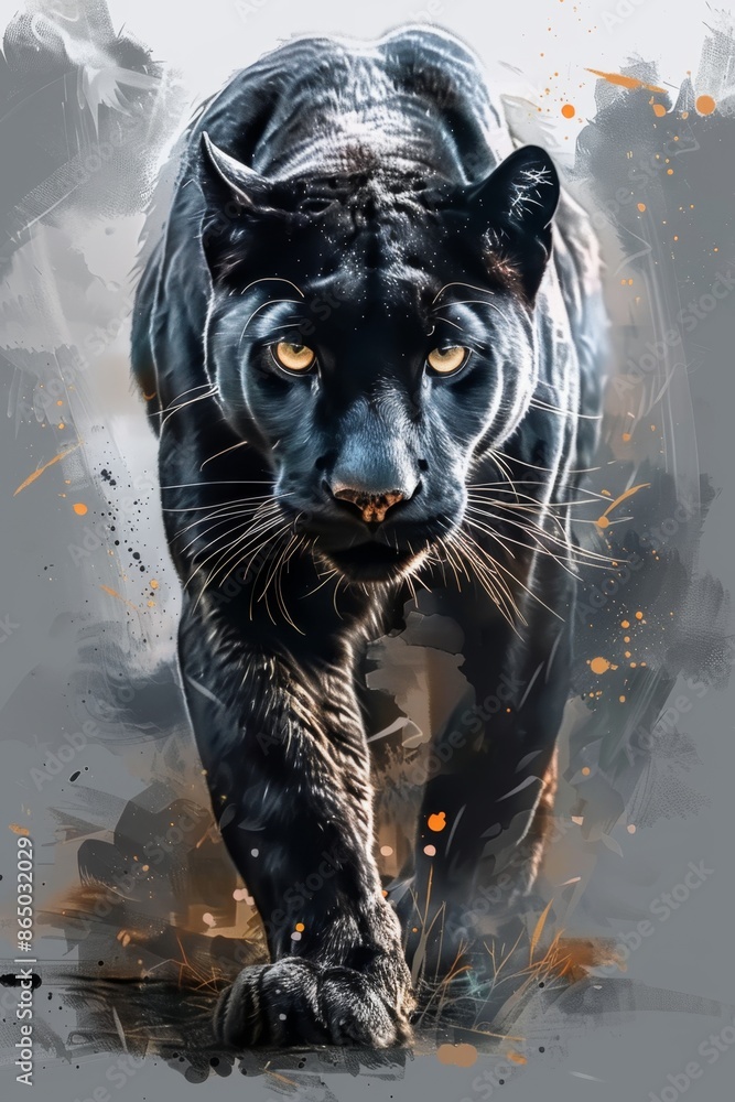 Wall mural a black panther with yellow eyes is walking across a grey background