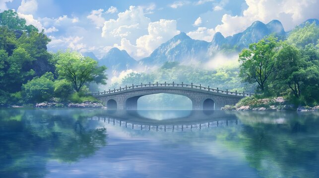 anime background of a beautiful landscape with huge bridge. Moutain behinds is covering by cloud.