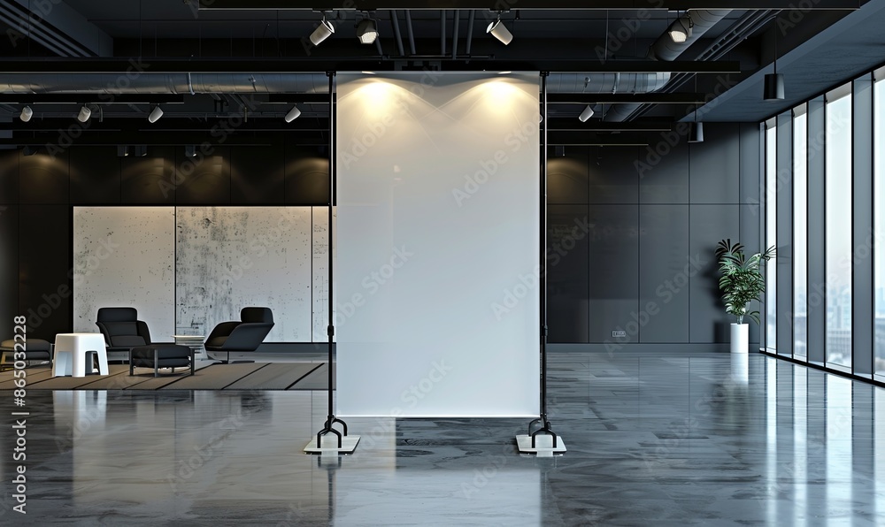 Canvas Prints Empty Banner Stand in a Spacious Conference Room, on a Partition Wall, with Overhead Spotlights