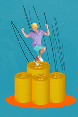 Vertical composite collage picture image of mini guy raise fists stack coins isolated on creative...