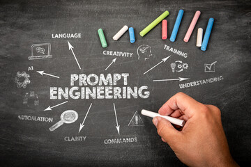 Prompt Engineering. Illustration with icons, arrows and keywords on a black chalkboard background