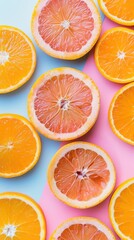Colorful citrus fruit halves on a pink and blue background