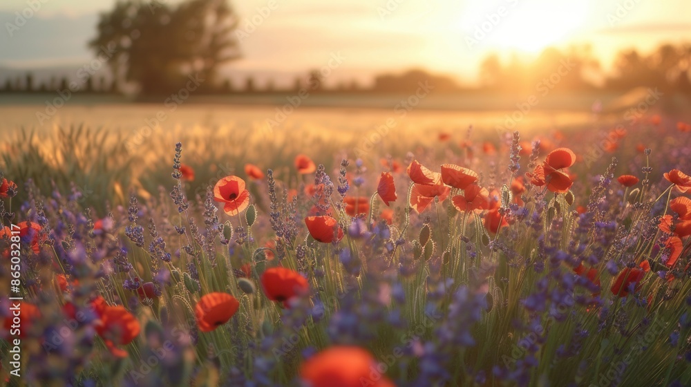 Aufkleber a field of vibrant red poppies and lavender blooms in the soft light of sunrise. generative ai