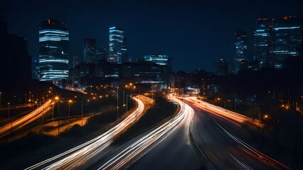 Veduta aerea di città di notte. Le luci delle automobili creano striscie luminose.