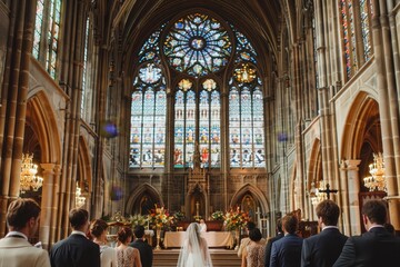Obraz premium A bride and groom are walking down the aisle of a church during their traditional ceremony, A traditional ceremony in a grand cathedral with ornate stained glass windows