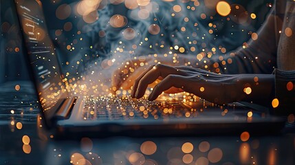 A person is typing on a laptop with a lot of sparkles on the screen