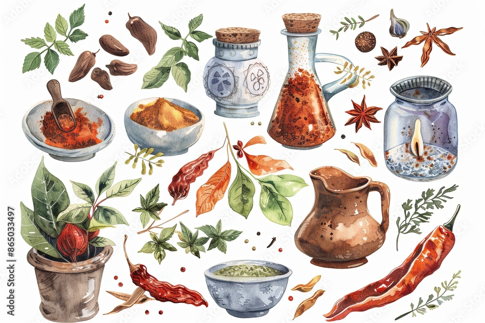 Poster Global Spice Journey: A digital planner sticker set exploring spices from around the world, with watercolor illustrations