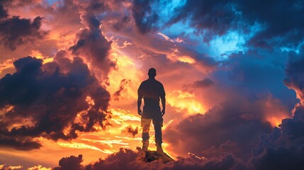 Detailed image of a courageous hero standing against a dramatic sky, symbolizing leadership and the achievement of lofty goals