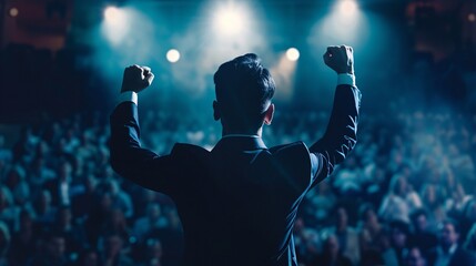 Clear photograph of a leader motivating their team with a powerful speech, embodying courage and goal achievement